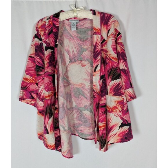 Catherines Kimono 14 16W Women's Pink Floral Linen Blend Open Front Cardigan - Picture 1 of 5